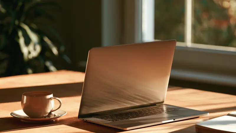A laptop open on a wooden table in morning light