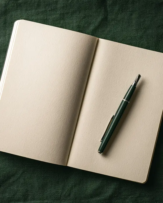 A notebook and pen on a linen surface