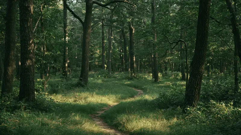 A quiet path through trees in soft light